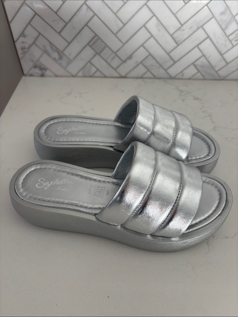 Seychelles Silver Platform Slide Sandals Size 7